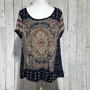 Lucky Brand Women 1X Persian Carpet Print  Shirt Boho Hippie Scoop Neck Stretch